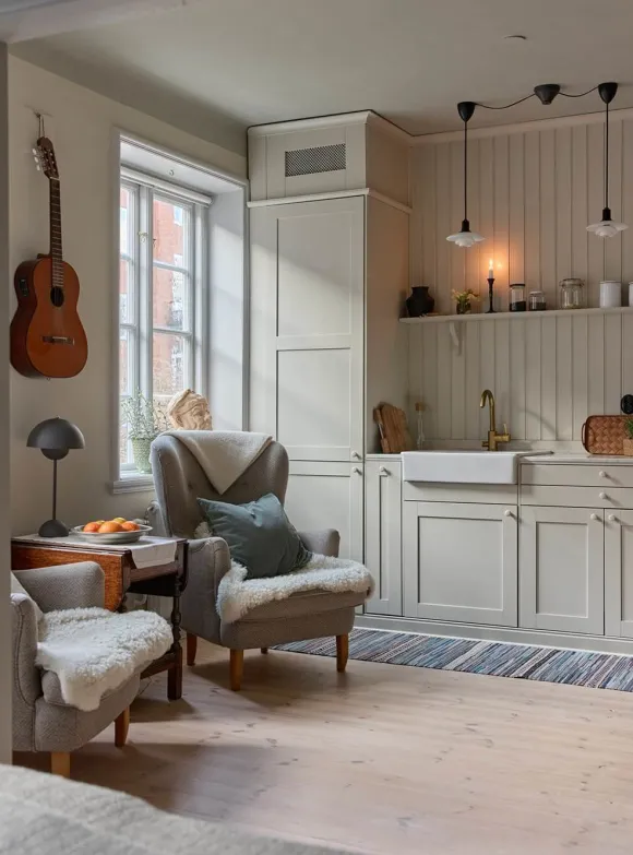 salon avec cuisine ouverte shaker décoration scandinave deux-pièces 36m2