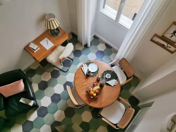 dining room green terracotta tiles floor 