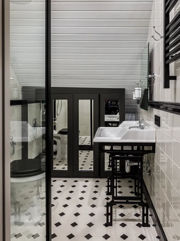 salle de bain blanche et noire sol cabochons