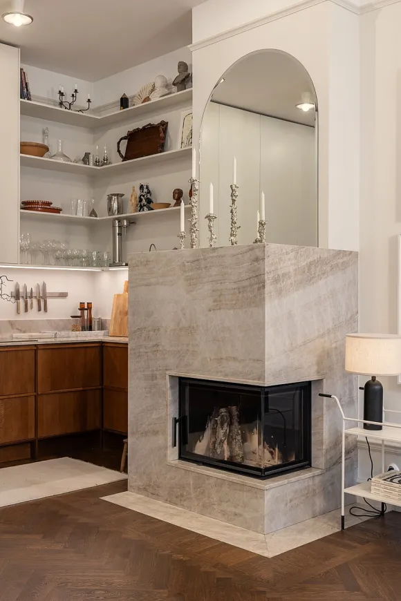 cuisine bois contemporaine avec cheminée maison de ville décoration scandinave