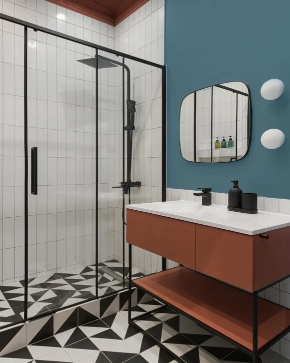 salle de bain bois mur bleu sol noir et blanc décoration contemporaine appartement de 35m2