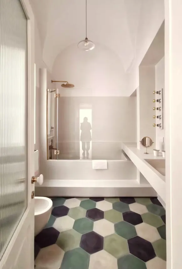 bathroom green terracotta tiles floor 