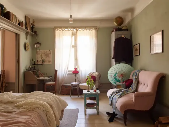 chambre vintage murs vert et coin salon décoration scandinave