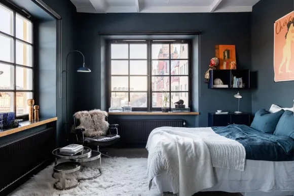 chambre mur gris béton décoration scandinave