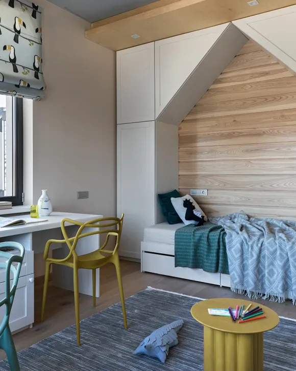 chambre enfant murs bois appartement 90m2 décoration contemporaine