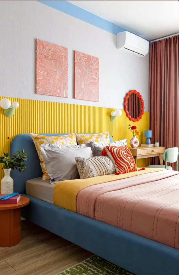 chambre petit studio 26m2 décoration colorée style Memphis