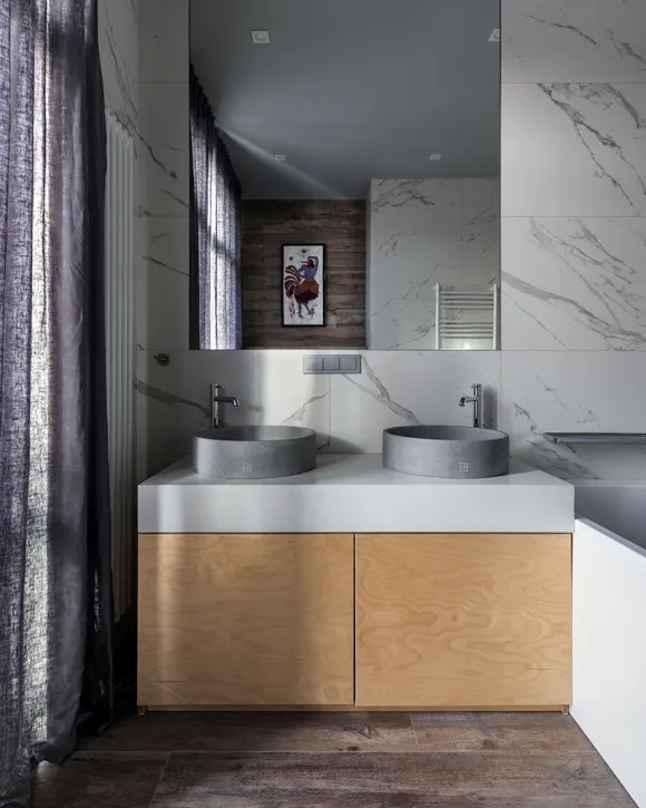 salle de bain marbre et bois appartement 90m2 décoration contemporaine