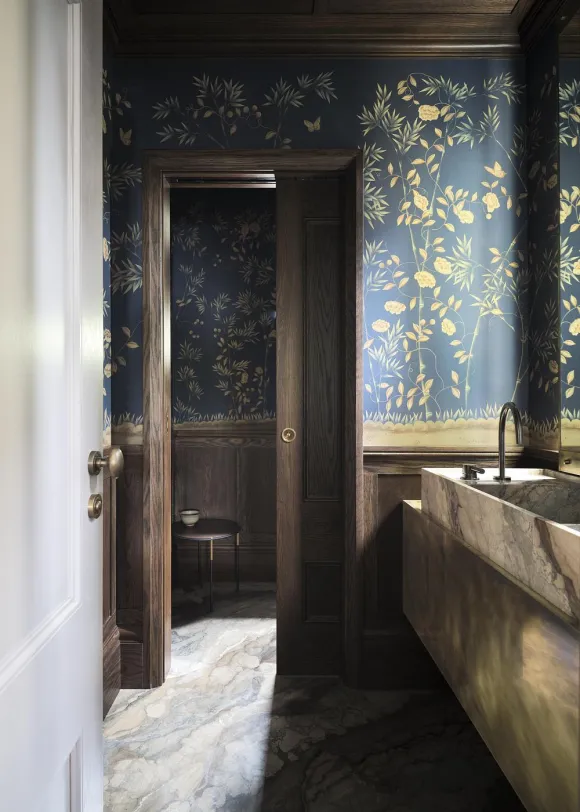 salle de bain marbre et papier-peint décoration contemporaine