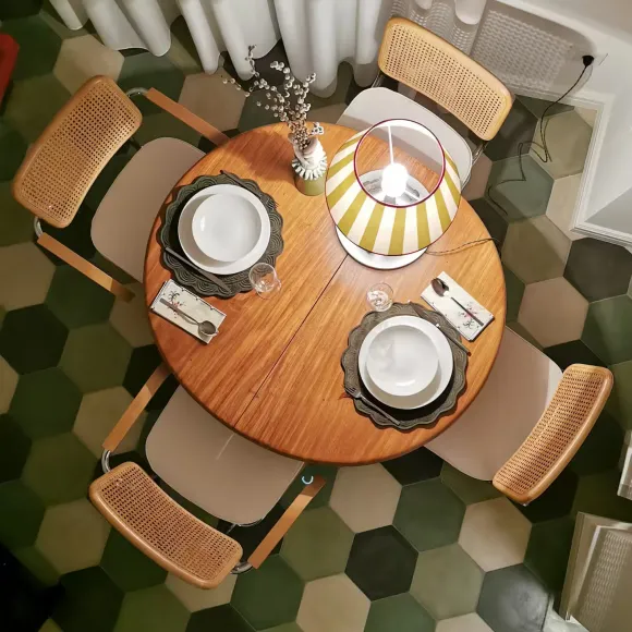 dining room green terracotta tiles floor 