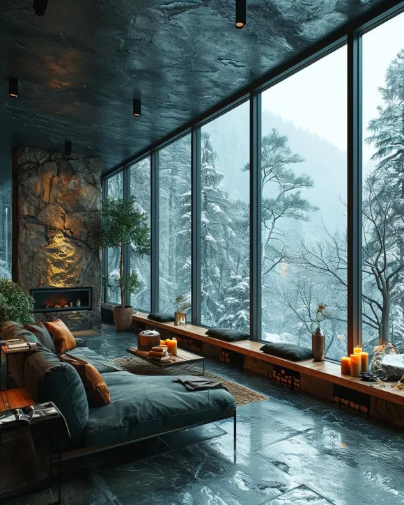 salon décoration contemporaine avec baie vitrée