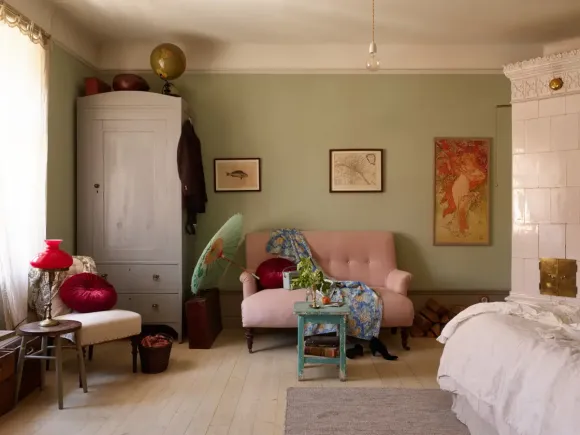 chambre vintage murs vert et coin salon avec poêle décoration scandinave 
