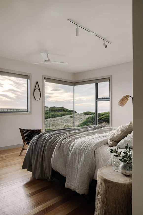 chambre maison contemporaine en bois face à l'océan Austral Shore House King Island Tasmanie