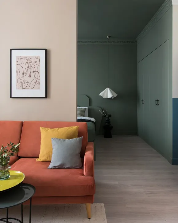 chambre semi ouverte et salon décoration contemporaine appartement de 35m2