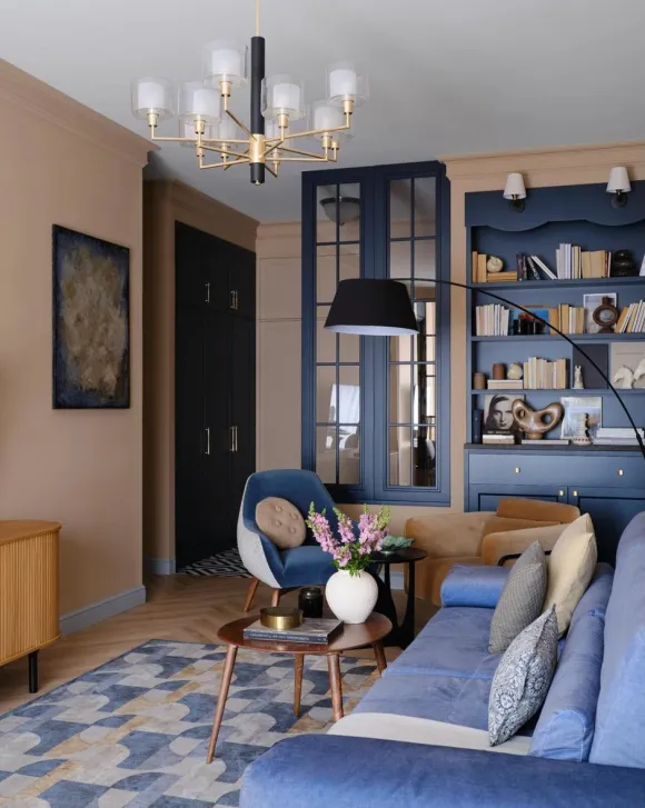 salon appartement 100m2 décoration vintage et contemporaine bleue