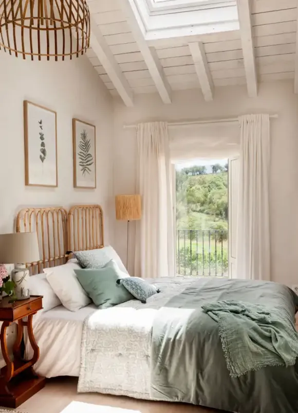 chambre avec poutres décoration rustique chic maison rénovée Espagne