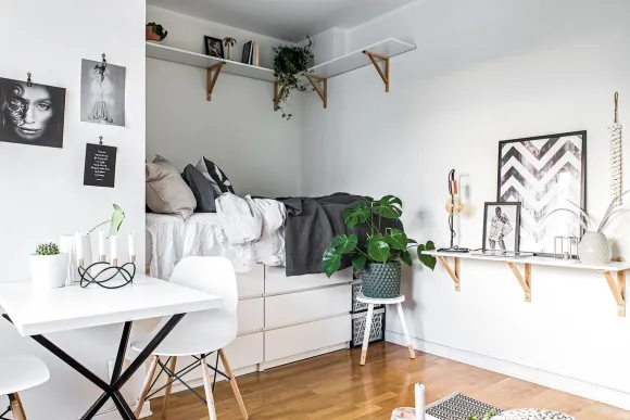 studio aménagé avec lit sur commodes Malm IKEA et plantes vertes